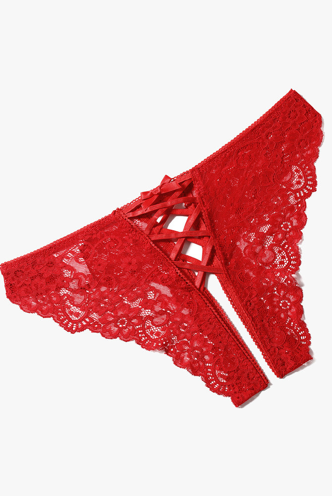 Red lace hipster panty with criss-cross straps and double bow detail, perfect for sweet nights