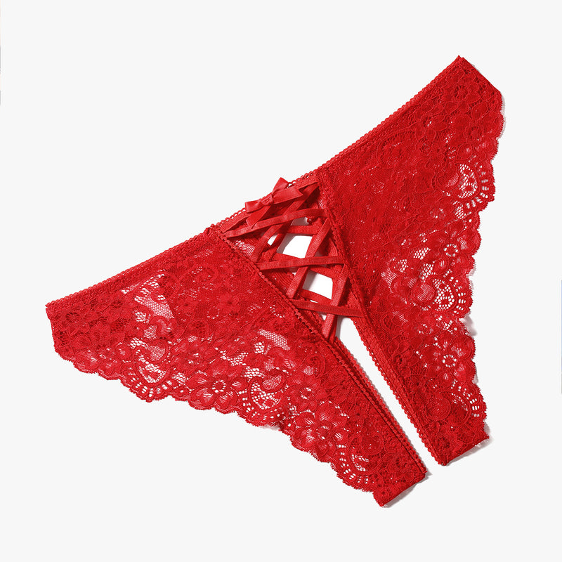 Red lace hipster panty with criss-cross straps and double bow detail, perfect for sweet nights