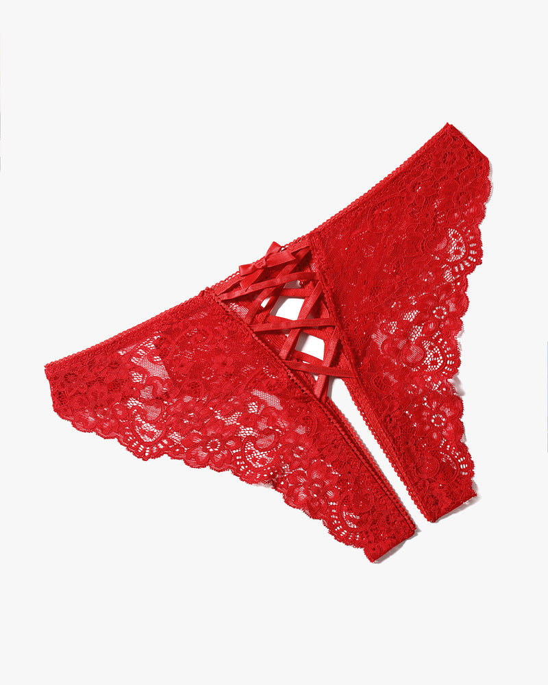 Red lace hipster panty with criss-cross straps and double bow detail, perfect for sweet nights