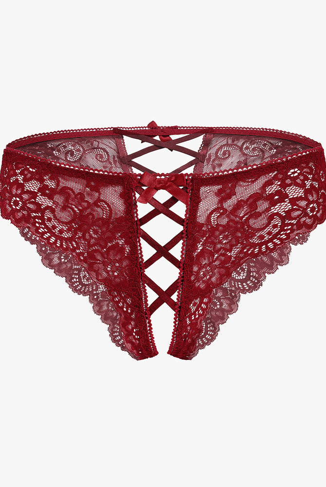 Red lace hipster panty with criss-cross straps and double bow detail, perfect for a sweet night