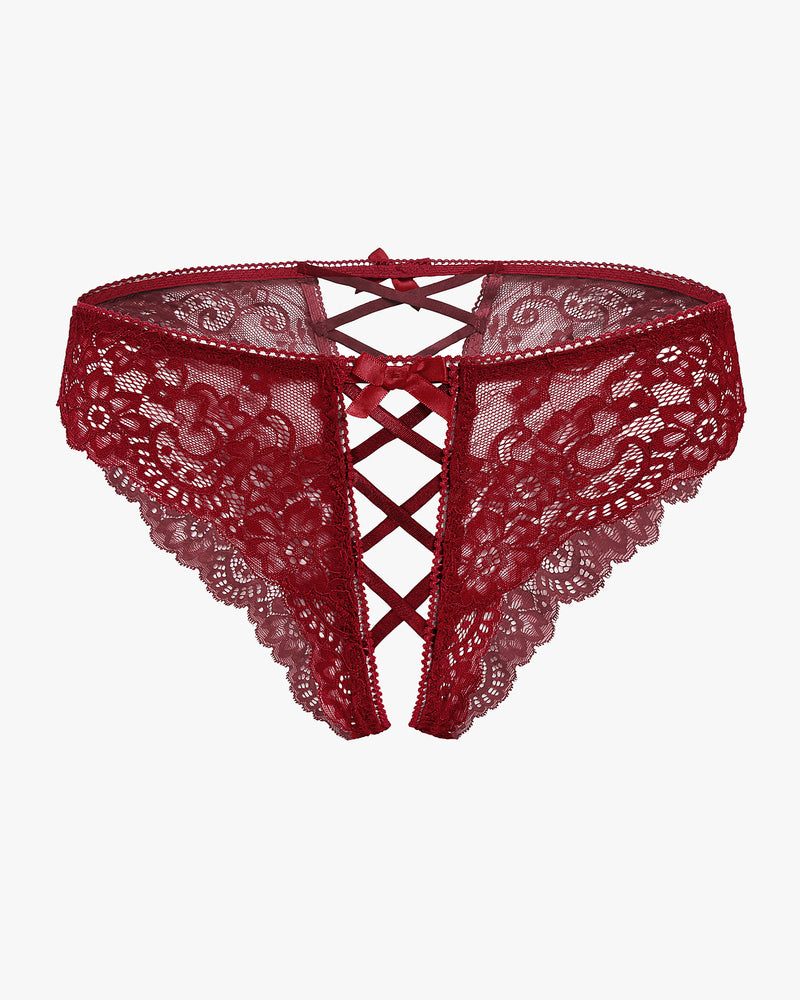 Red lace hipster panty with criss-cross straps and double bow detail, perfect for a sweet night