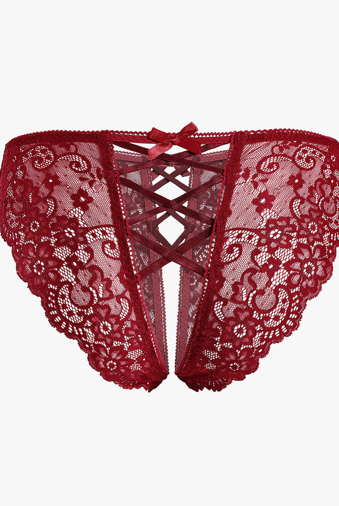 Red lace hipster panty with criss-cross back and bow details, perfect for a sweet night