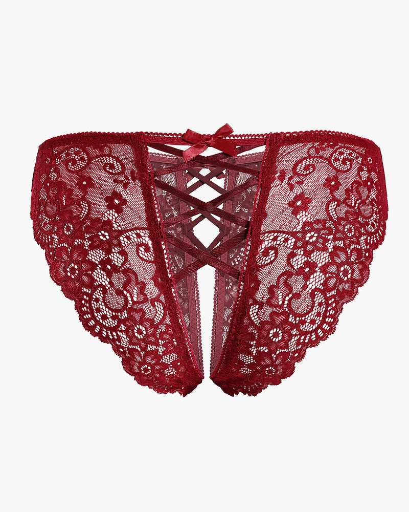 Red lace hipster panty with criss-cross back and bow details, perfect for a sweet night