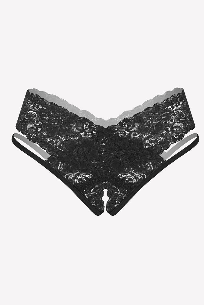 Avidlove black lace V-shape cheeky panties. Low-rise design, sexy lingerie with floral lace.