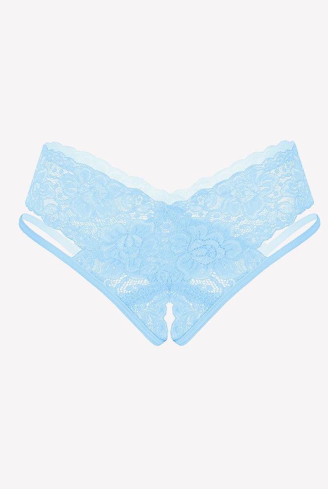 Light blue lace V-shape cheeky panties, low rise, cut-out design, and unique crotch detail.