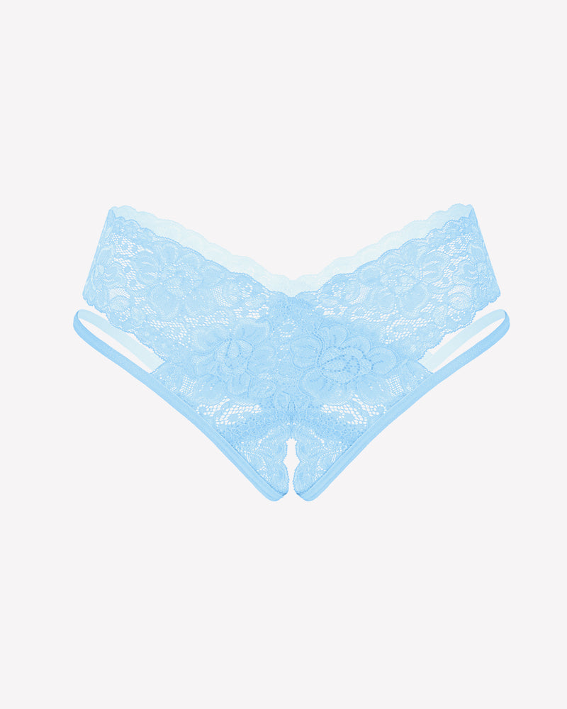 Light blue lace V-shape cheeky panties, low rise, cut-out design, and unique crotch detail.