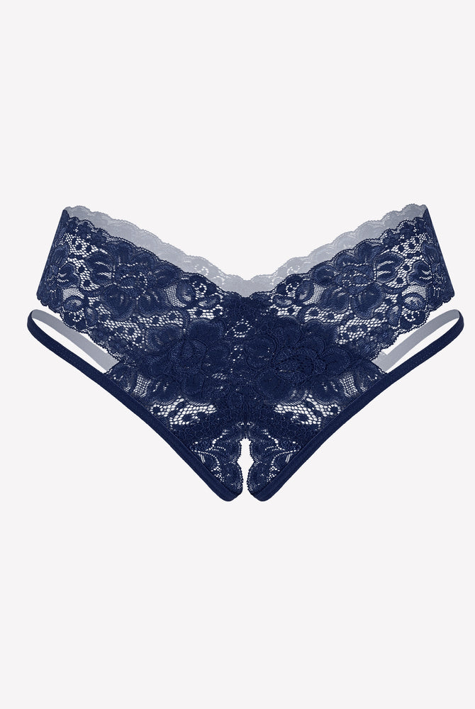 Avidlove navy blue lace V-shape cheeky panties. Low-rise design, sexy lingerie.