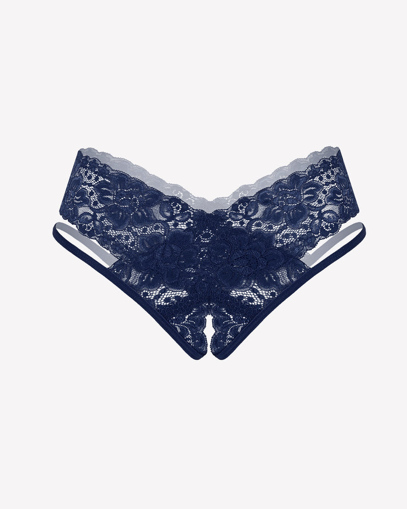 Avidlove navy blue lace V-shape cheeky panties. Low-rise design, sexy lingerie.