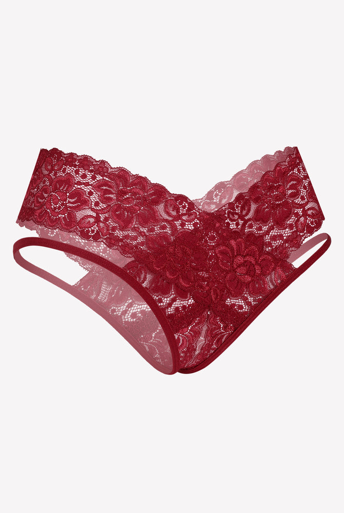 Burgundy lace V-shape cheeky panties by Avidlove, low-rise design, sexy lingerie