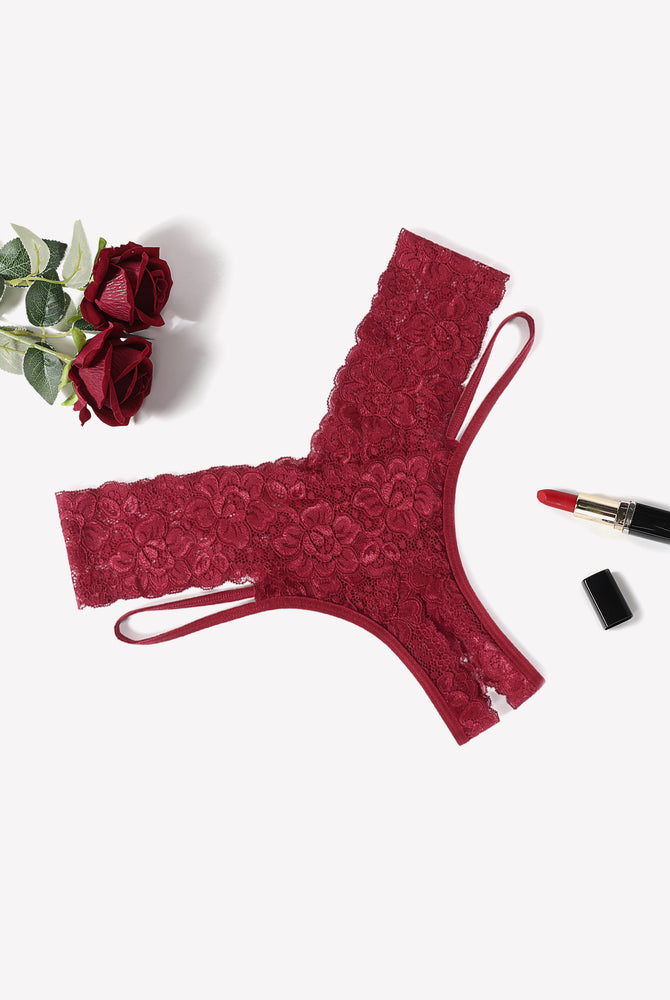 Burgundy lace V-shape cheeky panties, low-rise, floral lace, sexy lingerie, lipstick, and roses.
