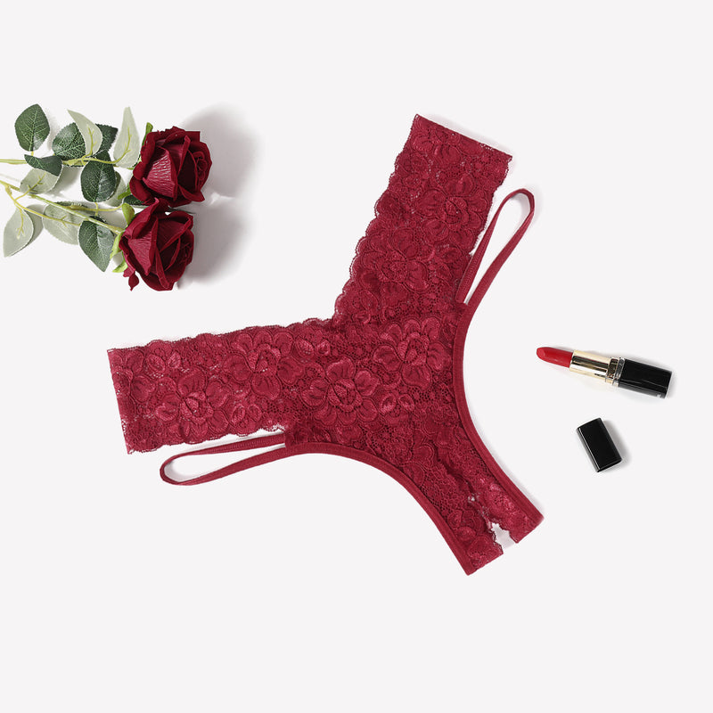 Burgundy lace V-shape cheeky panties, low-rise, floral lace, sexy lingerie, lipstick, and roses.