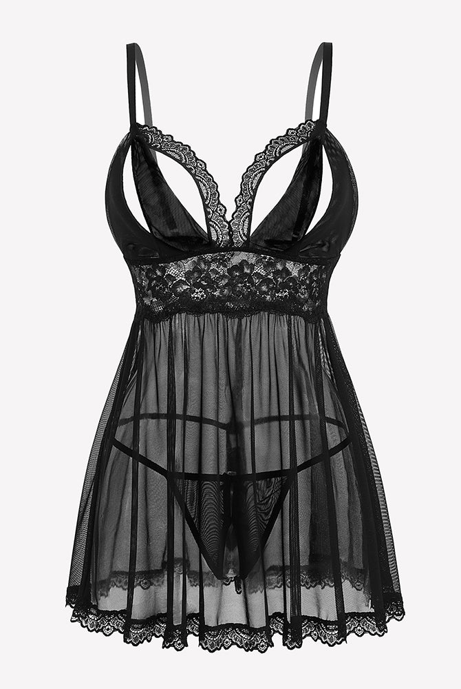Black lace babydoll lingerie set with adjustable straps and thong, perfect for sleepwear.
