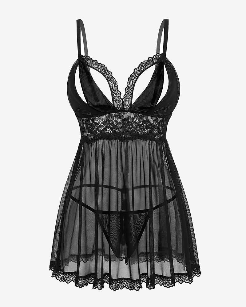 Black lace babydoll lingerie set with adjustable straps and thong, perfect for sleepwear.