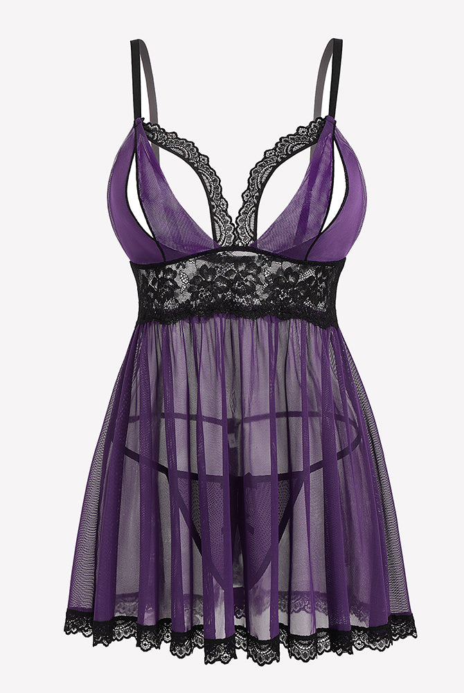 Purple lace babydoll lingerie set with adjustable straps and sheer skirt, ideal for nightwear.
