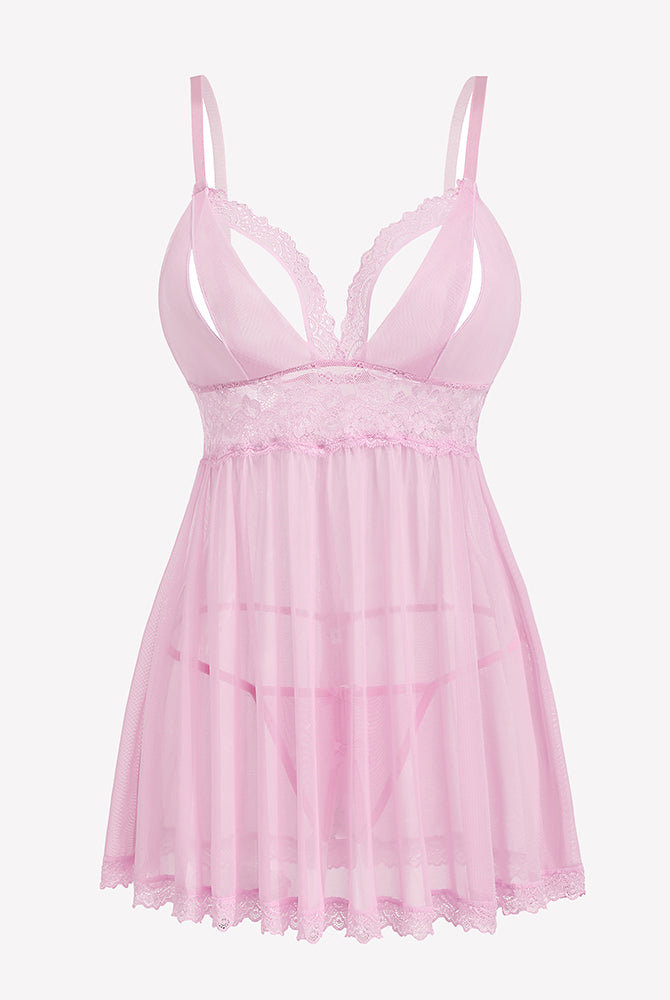 Pink lace babydoll lingerie set with adjustable straps and sheer skirt, perfect for nightwear