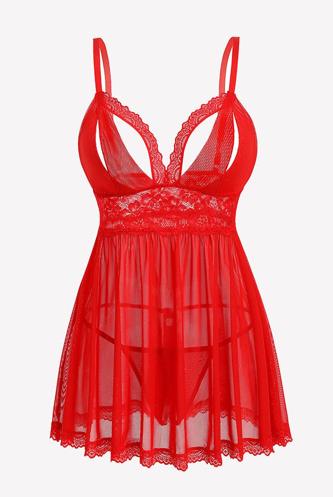 Red lace babydoll boudoir outfit with adjustable straps and thong, perfect for sleepwear.