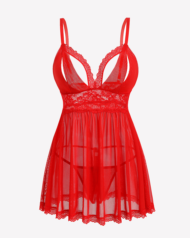 Red lace babydoll boudoir outfit with adjustable straps and thong, perfect for sleepwear.