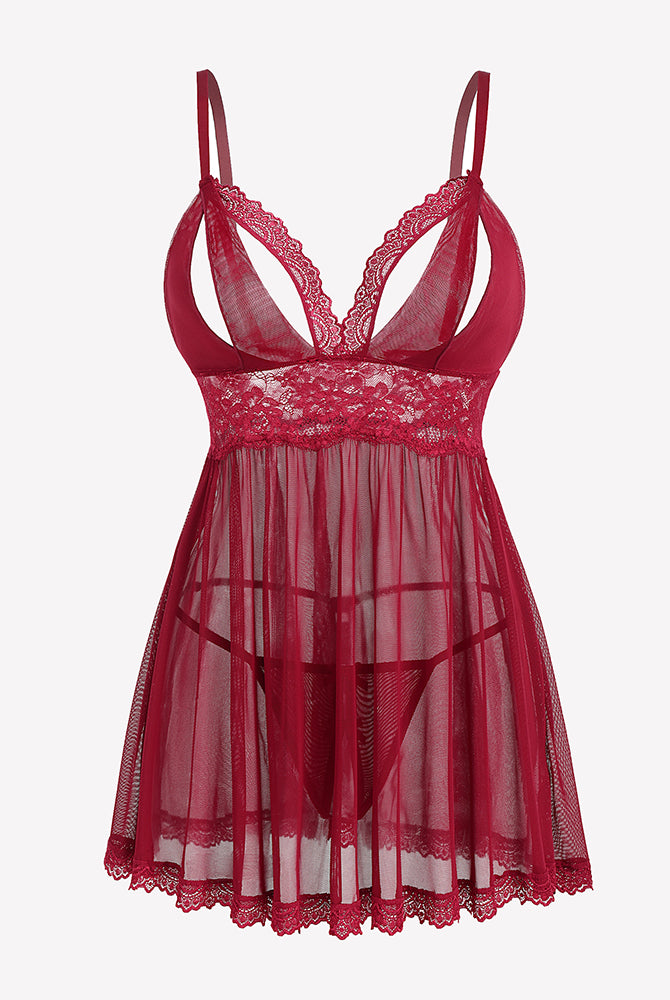 Red babydoll lingerie set with lace trim, adjustable straps, and thong.