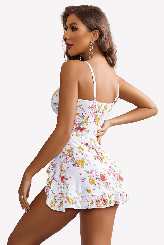 White floral print chemise nightie with ruffle hem and adjustable straps