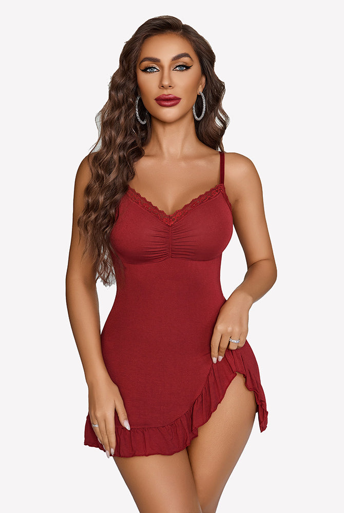 Burgundy modal chemise nightie with lace trim, ruffle hem, and side slit, perfect for a sweet night.