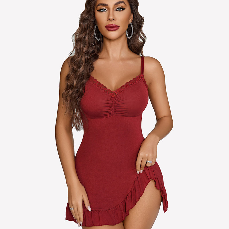 Burgundy modal chemise nightie with lace trim, ruffle hem, and side slit, perfect for a sweet night.