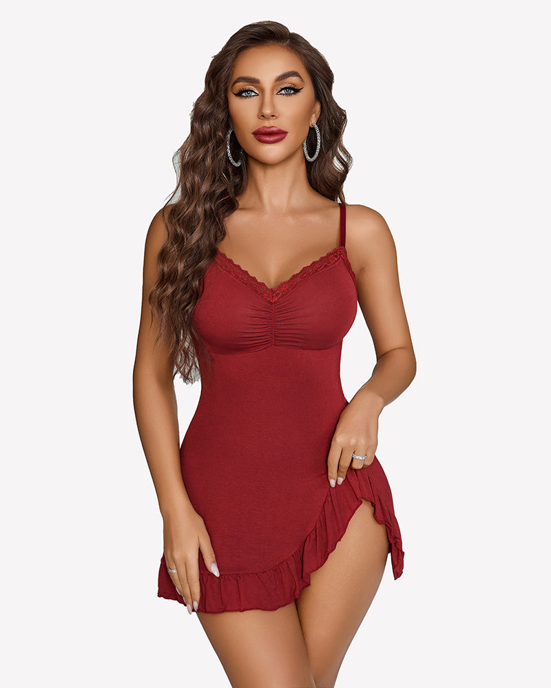 Burgundy modal chemise nightie with lace trim, ruffle hem, and side slit, perfect for a sweet night.