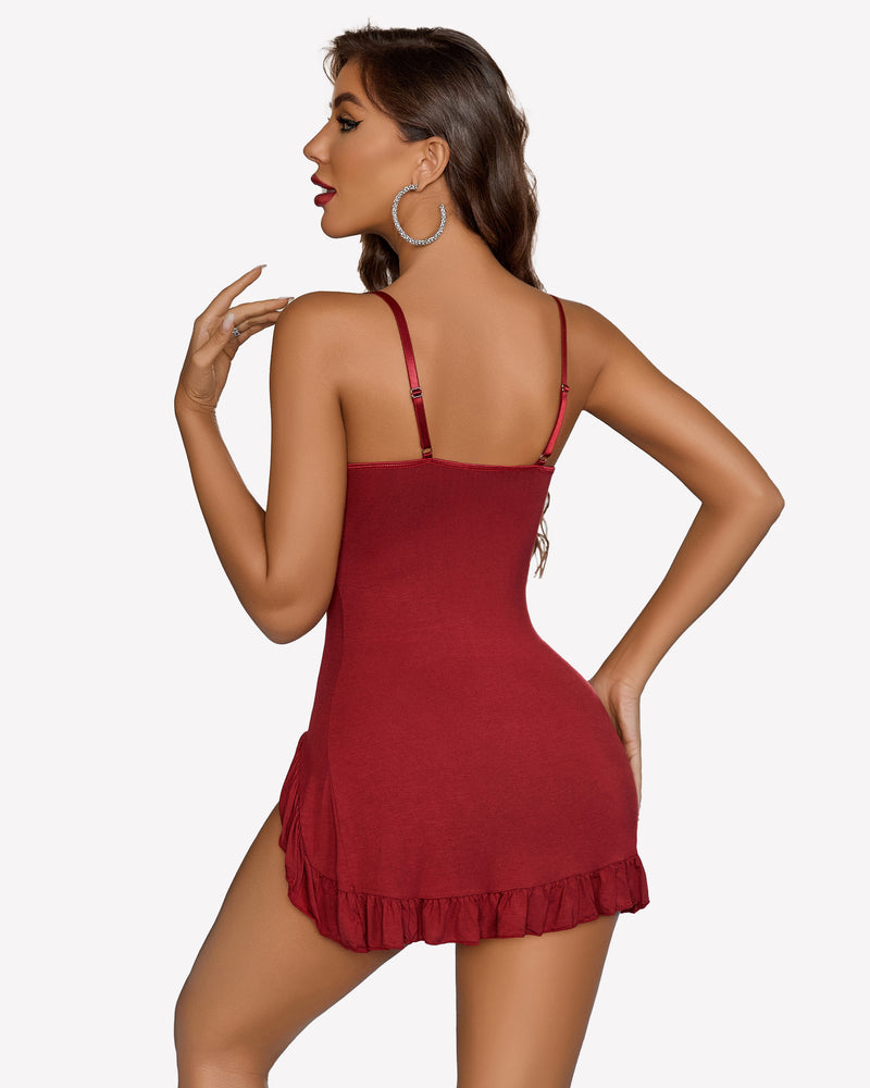 Burgundy modal side slit chemise nightie with ruffle hem, perfect for a sweet night.
