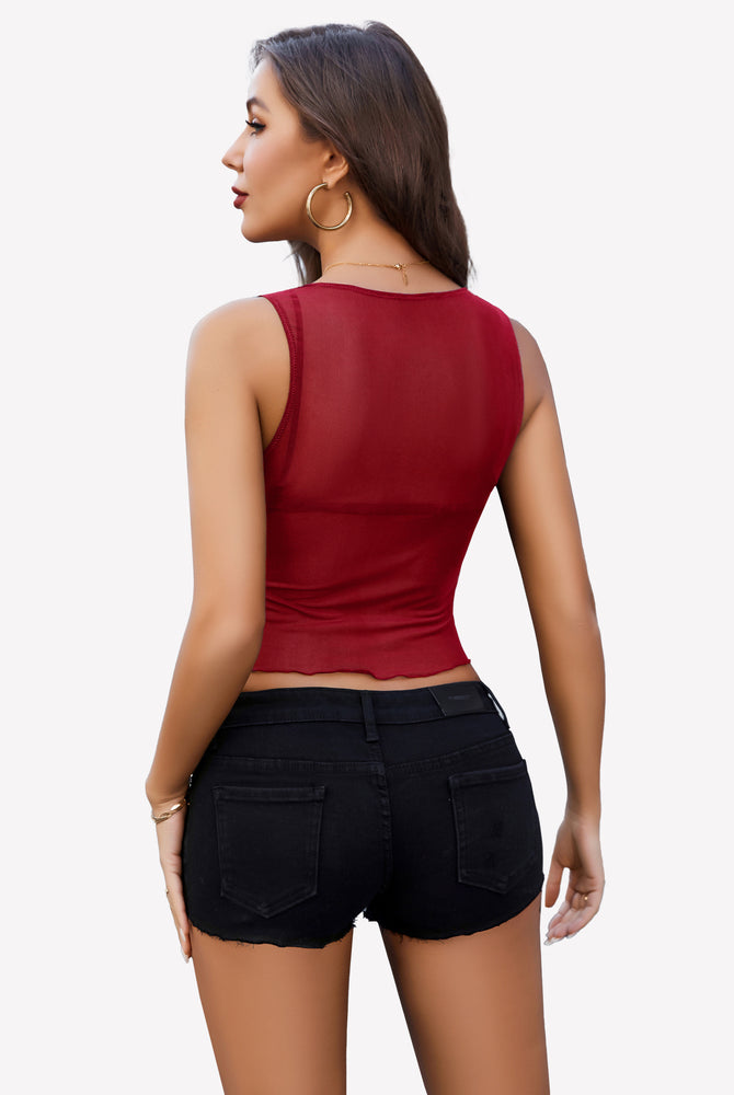 Sheer dark red mesh tank top with scoop back and lace hem