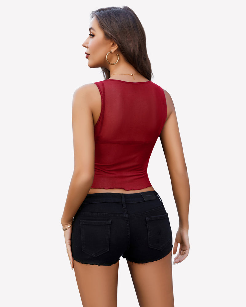Burgundy mesh tank top with black denim shorts for women. Sexy and confident look.