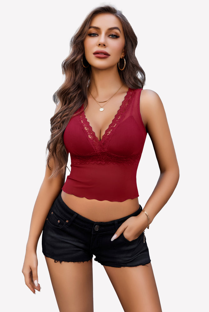 Sheer dark red mesh tank top with V-neck and scalloped lace trim