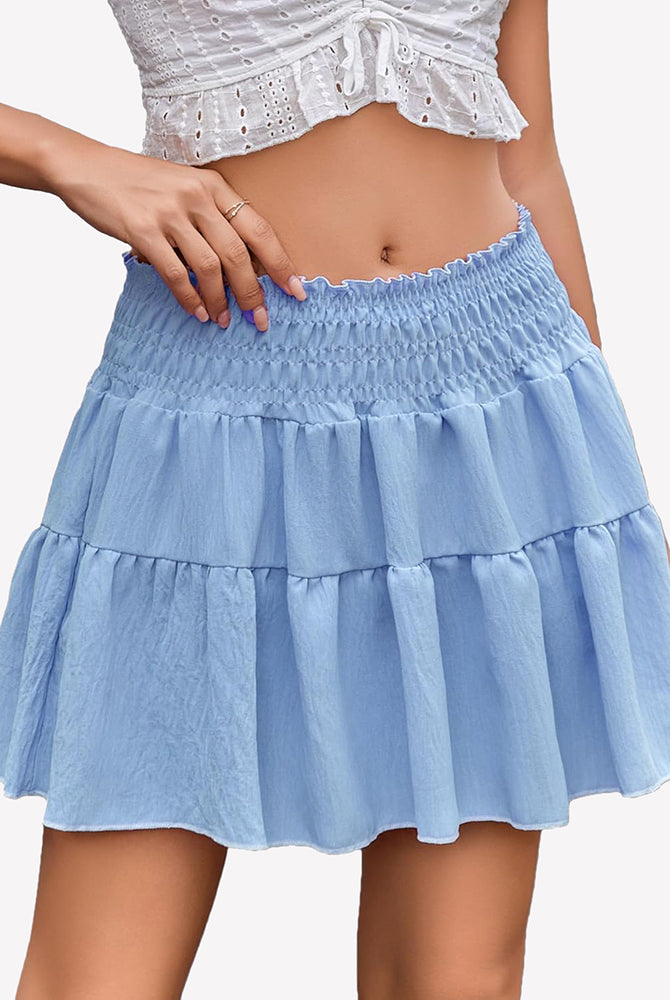Light blue flowy A-line short skirt with tiered ruffles and elastic smocked waistband