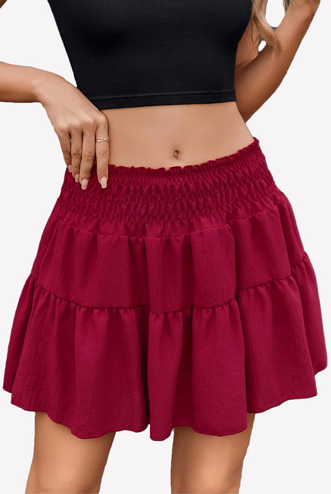 Wine red flowy A-line short skirt with tiered ruffles and elastic smocked waistband