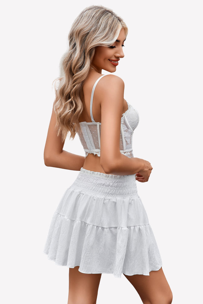 White flared A-line short skirt, tiered ruffle design