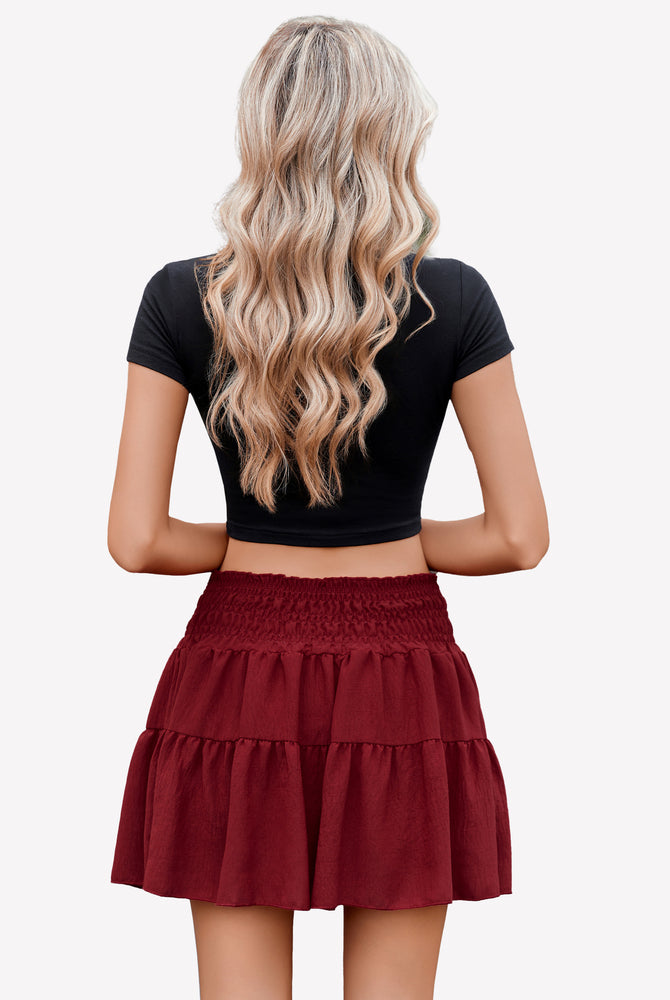Wine red flared A-line short skirt, tiered ruffle back view