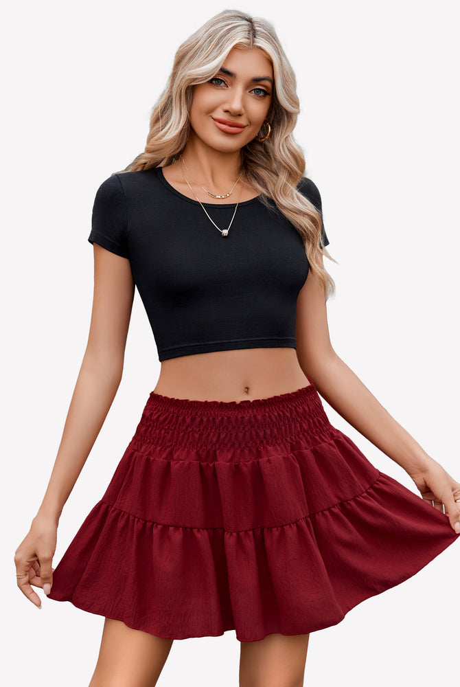 Wine red flared A-line short skirt with tiered ruffles