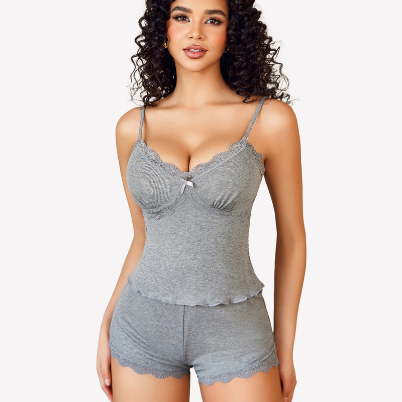 Gray cami pajama set with lace trim, soft and comfortable for a relaxing night.