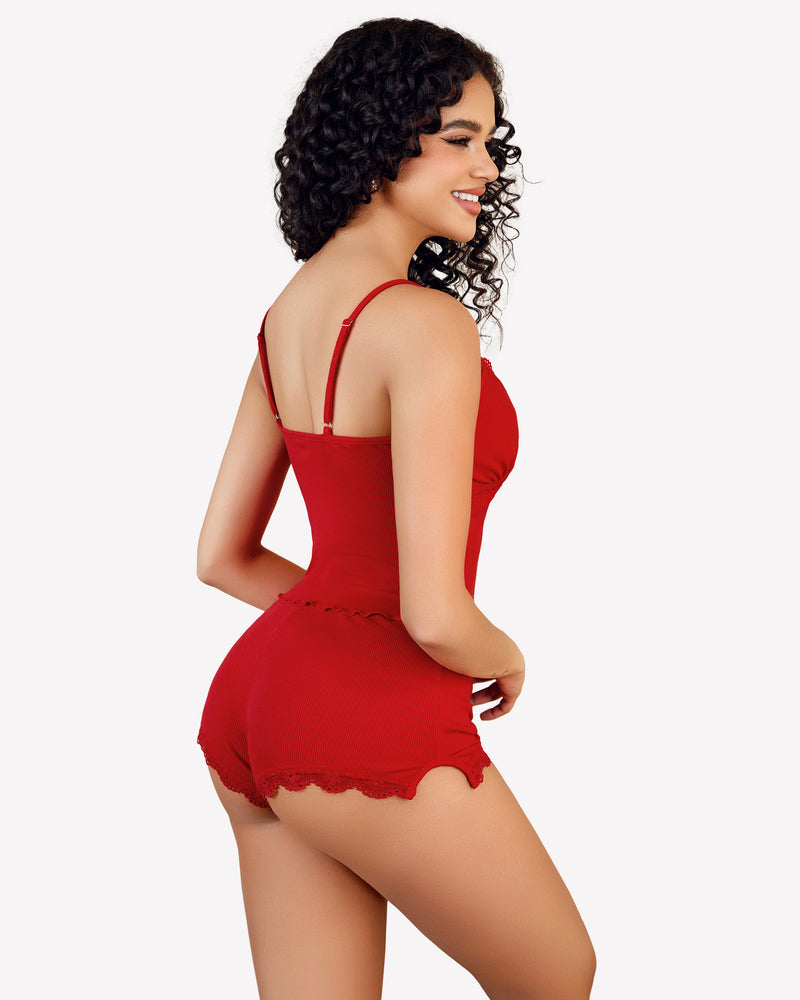 Red cami pajama set with lace trim. Soft and comfortable short PJ set.