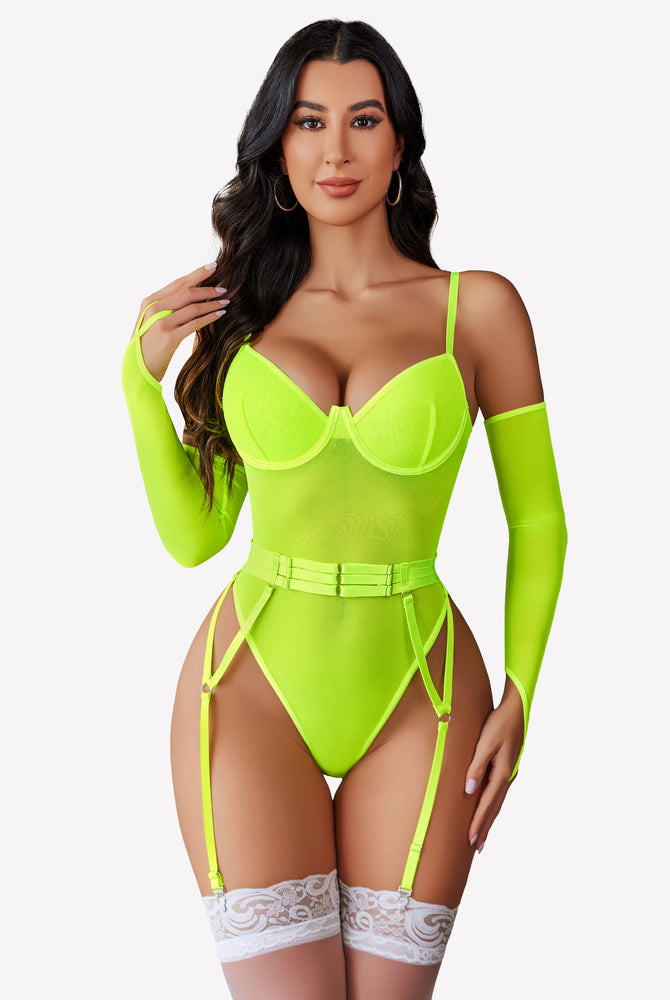 Neon green mesh garter teddy with oversleeves, sexy lingerie with deep V neckline