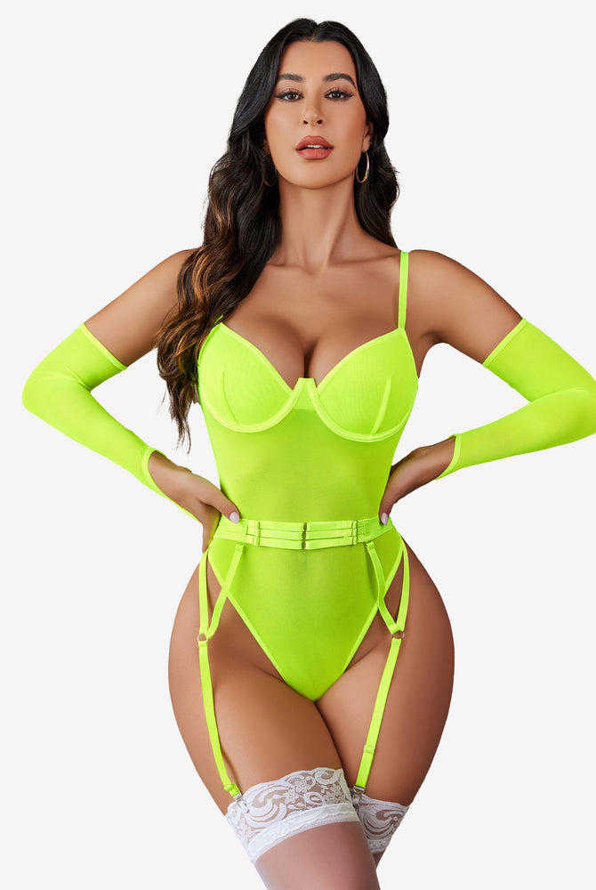 Neon green mesh garter teddy lingerie with over sleeves. Sexy lingerie for confidence.