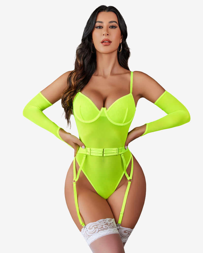 Neon green mesh garter teddy lingerie with over sleeves. Sexy lingerie for confidence.