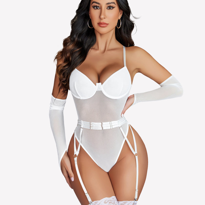 White mesh garter teddy lingerie set with oversleeves, deep V-neckline. Sexy lingerie for women.