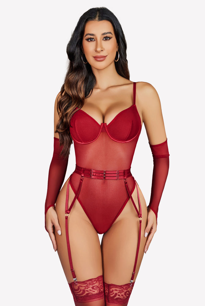Burgundy mesh garter teddy with oversleeves, deep V-neckline. Sexy lingerie set for women.