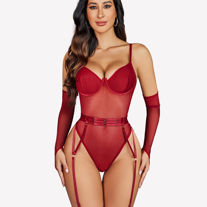 Burgundy mesh garter teddy with oversleeves, deep V-neckline. Sexy lingerie set for women.