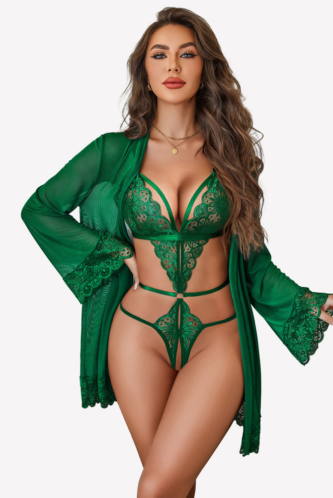 Green lace teddy bodysuit and mesh robe set, perfect for a confident and sexy look.