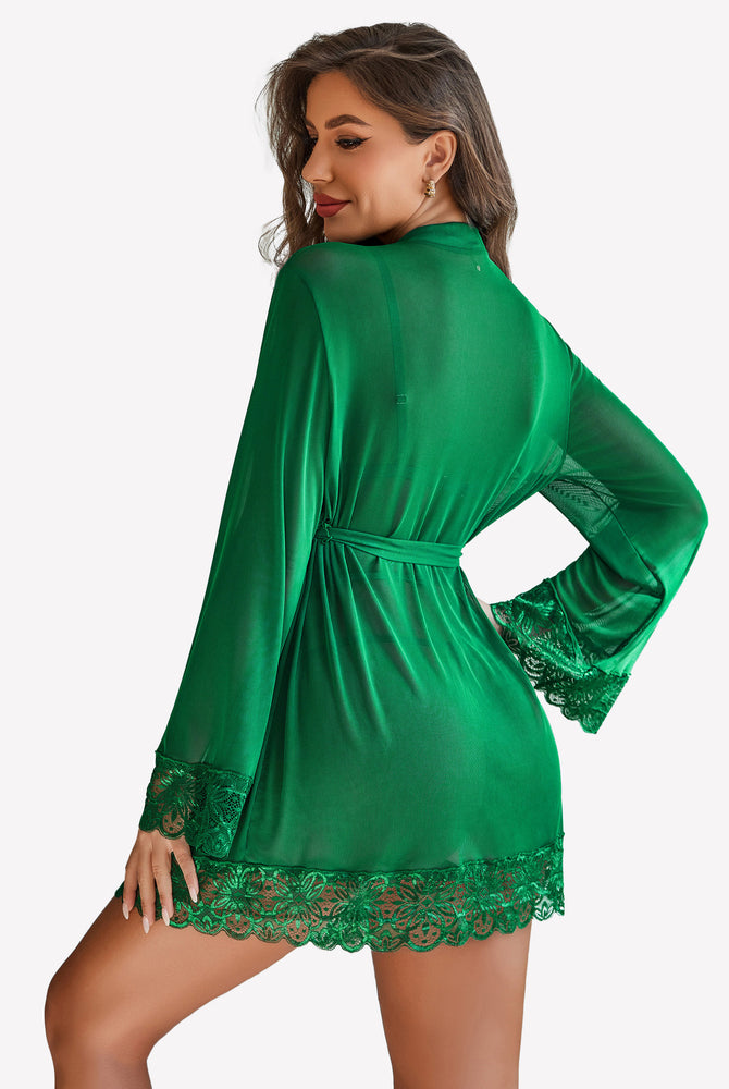 Green mesh robe with lace trim, part of a 2-piece set, designed for a confident and sexy look.