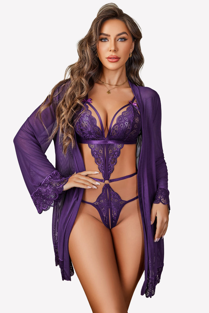 Avidlove purple lace teddy bodysuit and mesh robe set, designed for a confident and sexy look.