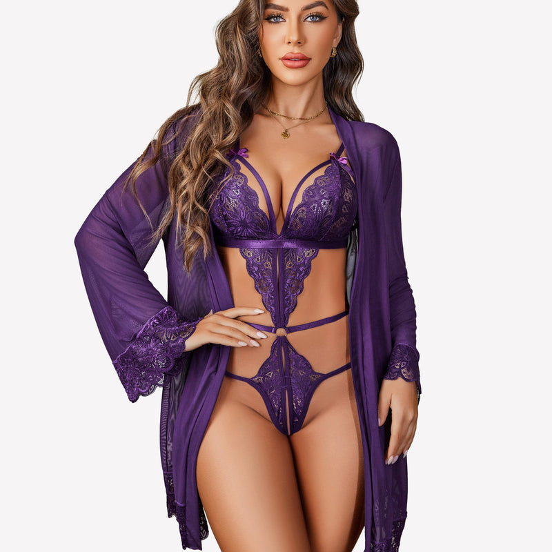 Avidlove purple lace teddy bodysuit and mesh robe set, designed for a confident and sexy look.