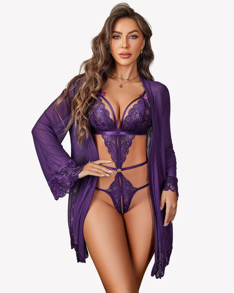 Avidlove purple lace teddy bodysuit and mesh robe set, designed for a confident and sexy look.