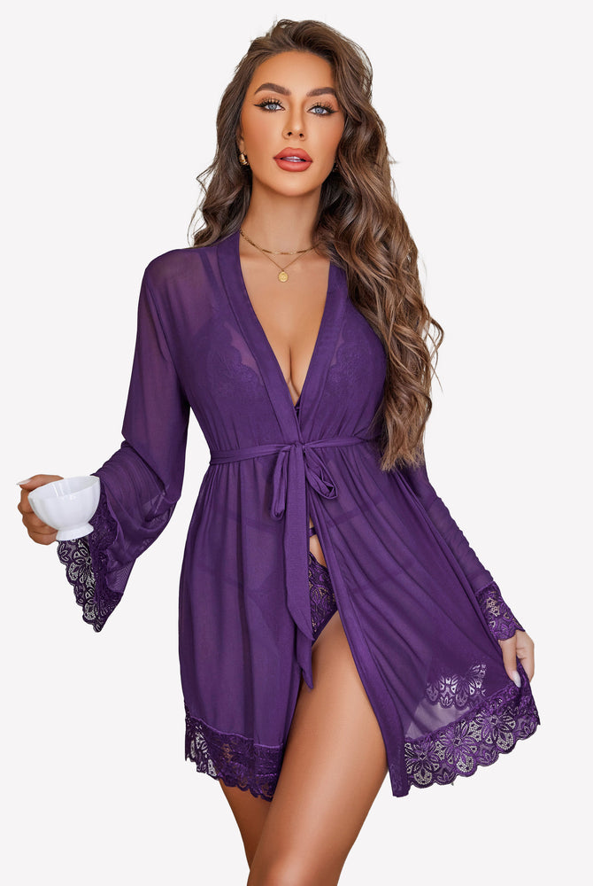 Avidlove purple lingerie set: mesh robe and lace teddy. Sexy and confident look.