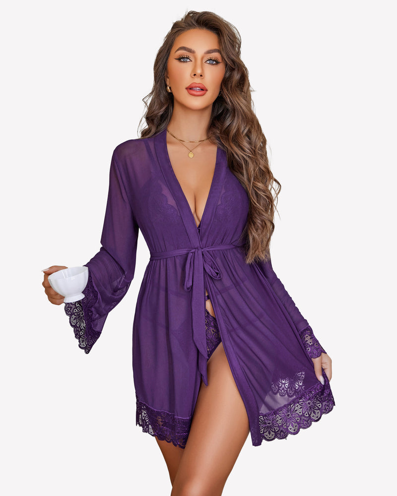 Avidlove purple lingerie set: mesh robe and lace teddy. Sexy and confident look.